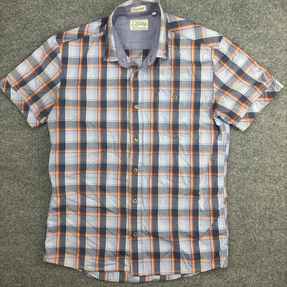 7 Diamonds Shirt Mens Small Blue Orange‎ Plaid Short Sleeve Button Front Casual